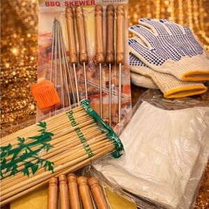 BBQ Skewer Set with Wooden Handles and Grill Gloves - Natural Wood & White